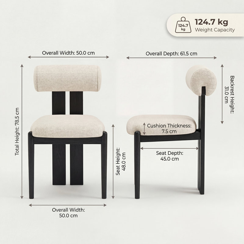 Mid-Century Modern Wooden Dining Chairs, Upholstered Fabric with Sculptural Backrest & Solid Wood Legs, Beige, Black