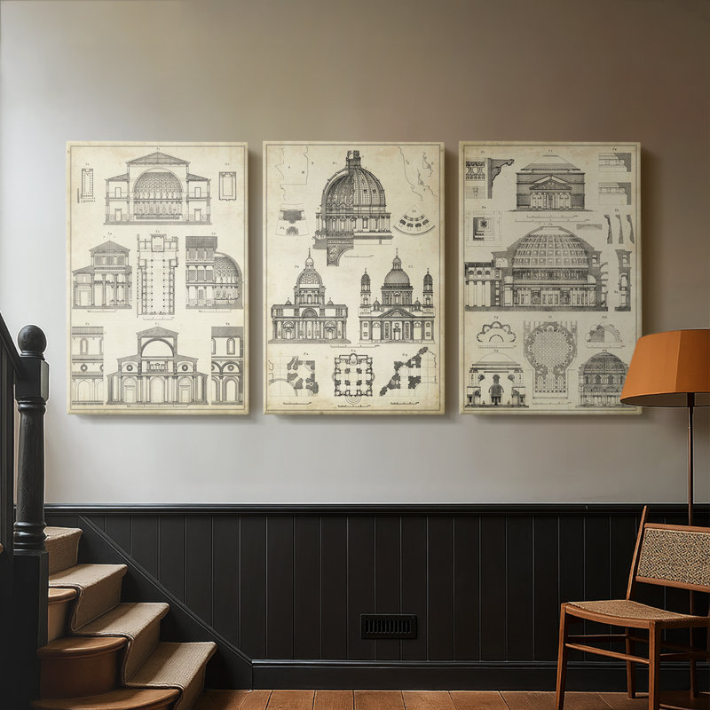 «Vintage Architects Plan I», toile tendue sur mesure - 3 pièces, H 60 po x l 120 po