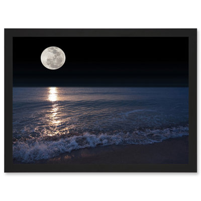 Full Moon Sea Tide Beach At Night Photo - Single Picture Frame Print