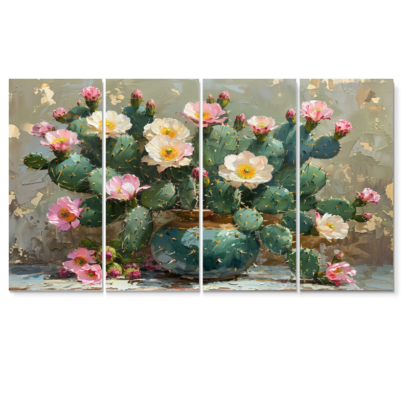 Cactus vert et rose à fleurs, H 32 po x l 64 po