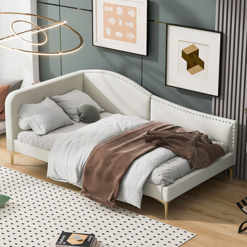 Lit de jour rembourré avec tête de lit et accoudoirs, pieds de soutien, Beige, Lit simple