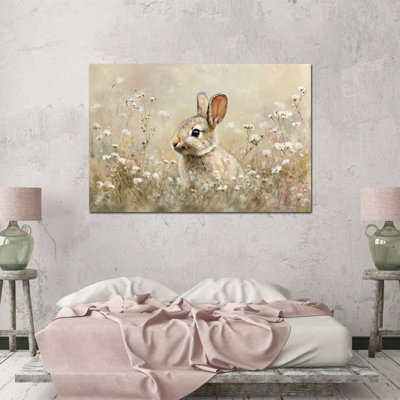  Art mural rétro sur toile de lapin - Fleurs murales de lapin, décoration murale pour la maison, reproduction de lapin, œuvre de Pâques, peinture encadrée pour la décoration du salon, 24 po x 36 po