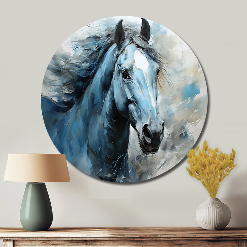 «Blue Horse Vibrant Blue Equine I», art rond en métal, H 23 po x l 23 po