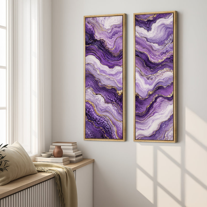 Ensemble de 2 toiles encadrées « Marbre d'agate doré violet » – 152 x 51 x 51 cm et 152 x 76 cm, H 60 po x l 20 po