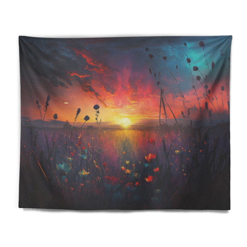 Tapisserie fleurie en polyester au coucher du soleil avec des punaises, H 50 po x l 60 po