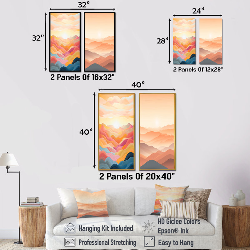«Bold Sunset Mountain Horizon», ensemble d'art mural sur toile Sunset, Cadre flottant doré, H 40 po x l 41 po
