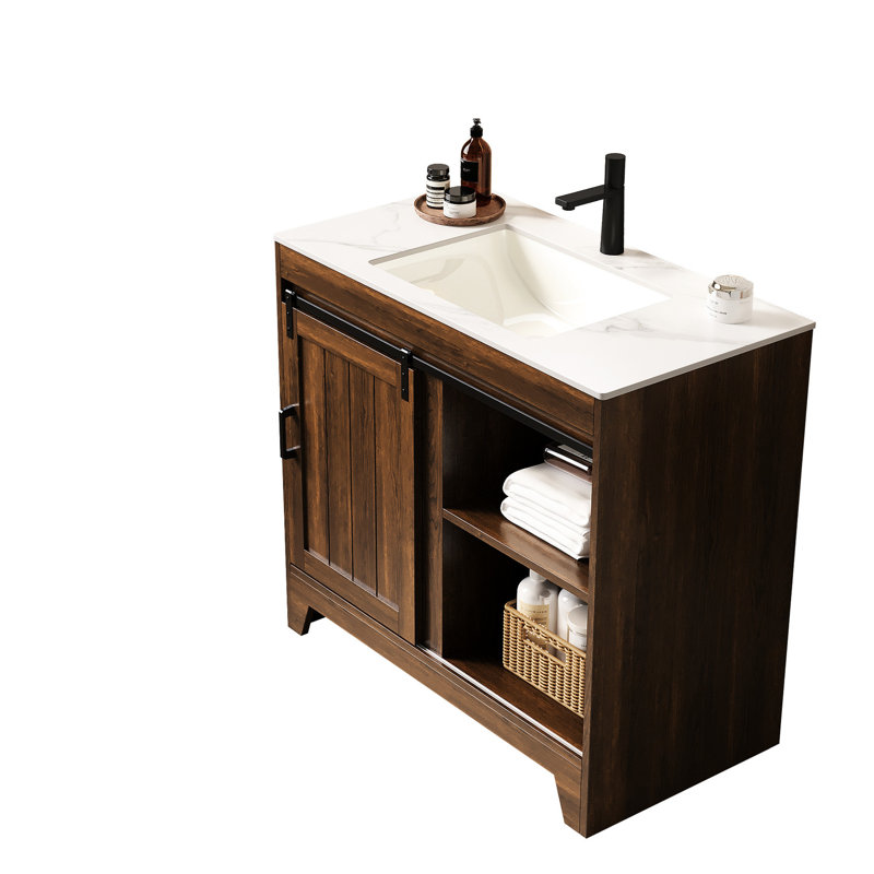 Armoire de salle de bain autoportante avec lavabo, design. Noyer foncé, plateau en pierre frittée, cuve en céramique. Robuste rangement de 36 po. Comptoir et unité spacieuse