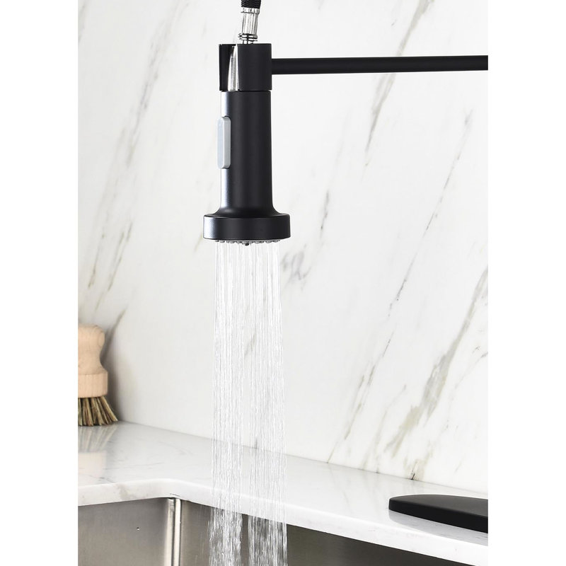 Pull Down Spring Loaded Kitchen Faucet In Matte Black, Stainless Steel, 360 Rotating Nozzle, Two Water Output Settings For Efficient Operations Steel Pull-Down Work