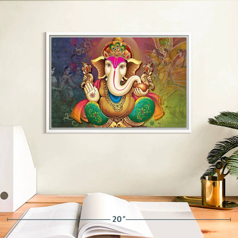 Divinité indienne Ganesh, Cadre flottant blanc, 13 po x 9 po