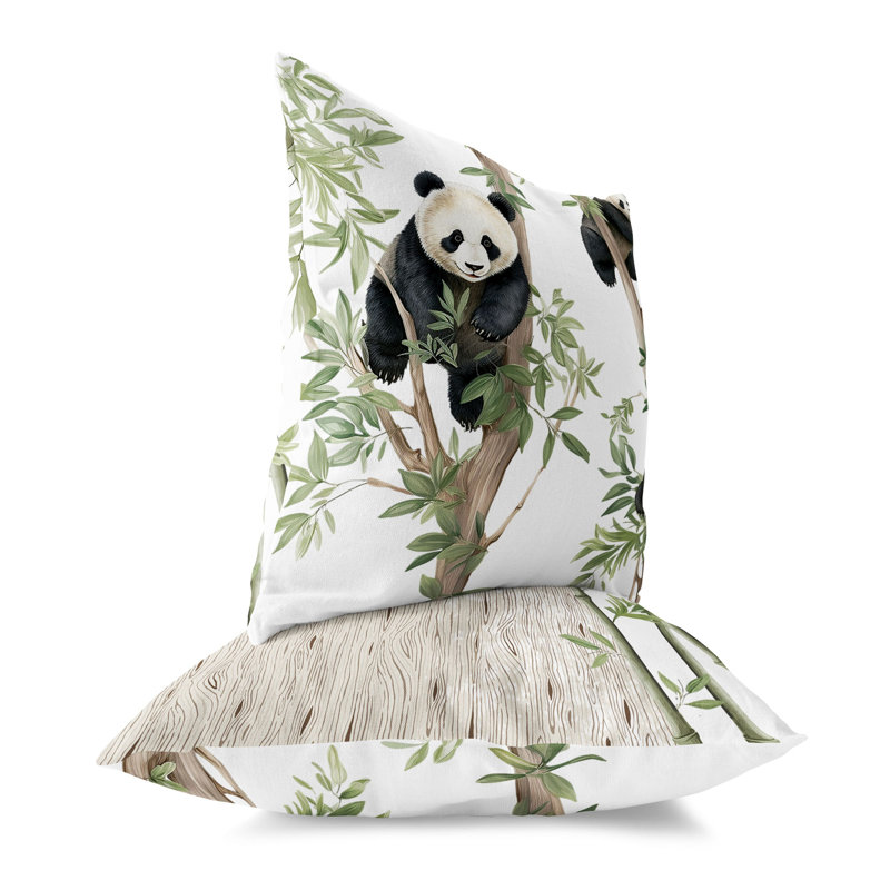 Oreiller réversible intérieur / extérieur Climbing Panda, Vert / beige, H 18 po x l 18 po