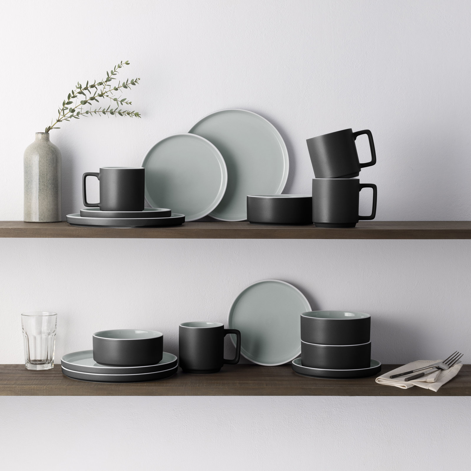 Noritake ColorTrio Stax 16-Piece Dinnerware Set, Service for 4, Graphite