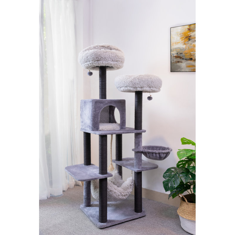 63'' Gray Faux Fur and Sisal 7-Level Cat Tree Tower