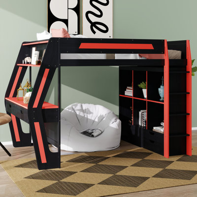 Lit mezzanine avec bureau, lumières DEL et stations de charge USB, lit mezzanine en bois avec 6 casiers de rangement, 6 tiroirs