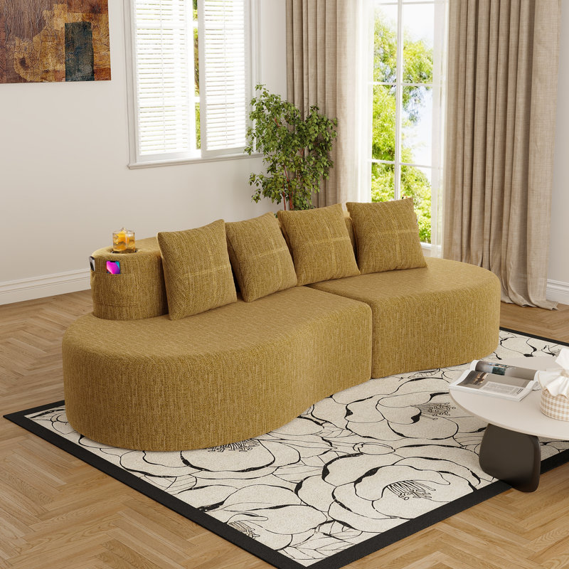 Canapé modulaire incurvé moderne 3 places, Chenille jaune moutarde