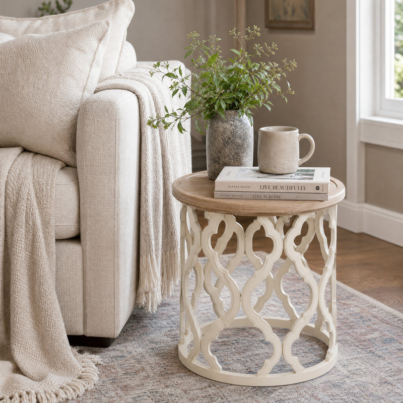 Table de bout ronde Dozier, Plateau en bois naturel / base blanche