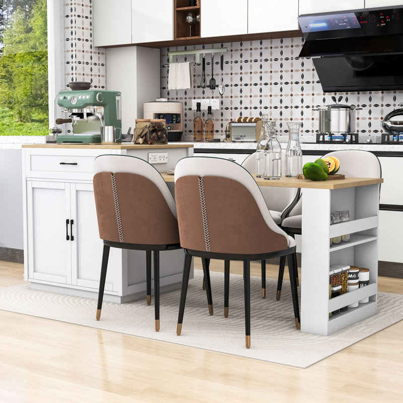 Devinder Wooden Kitchen Island with Extendable Dining Table, Built-in Charging Station and Ample Storage, White