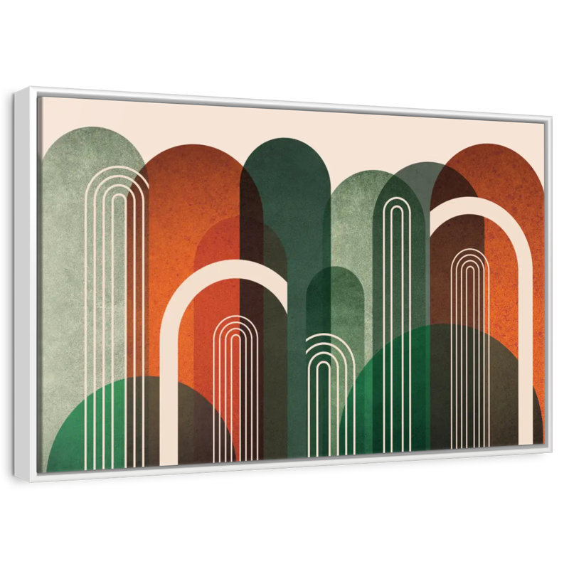 Arches du milieu du siècle, orange, vert, Cadre flottant blanc, 31 po x 21 po