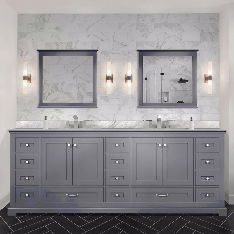 Ensemble de meuble-lavabo double 84 po x P 22 po avec plateau en marbre de Carrare et robinet, Gris