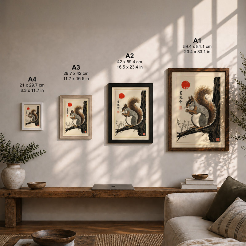 Squirrel in Silence Japandi - Framed Print, A2 - 59.4 x 42.0 cm, Oak