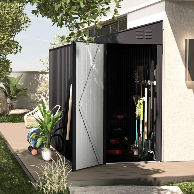 Blockus 4 ft. W x 7 ft. D Galvanized Steel Pent Garden Shed, Dark Grey/Green