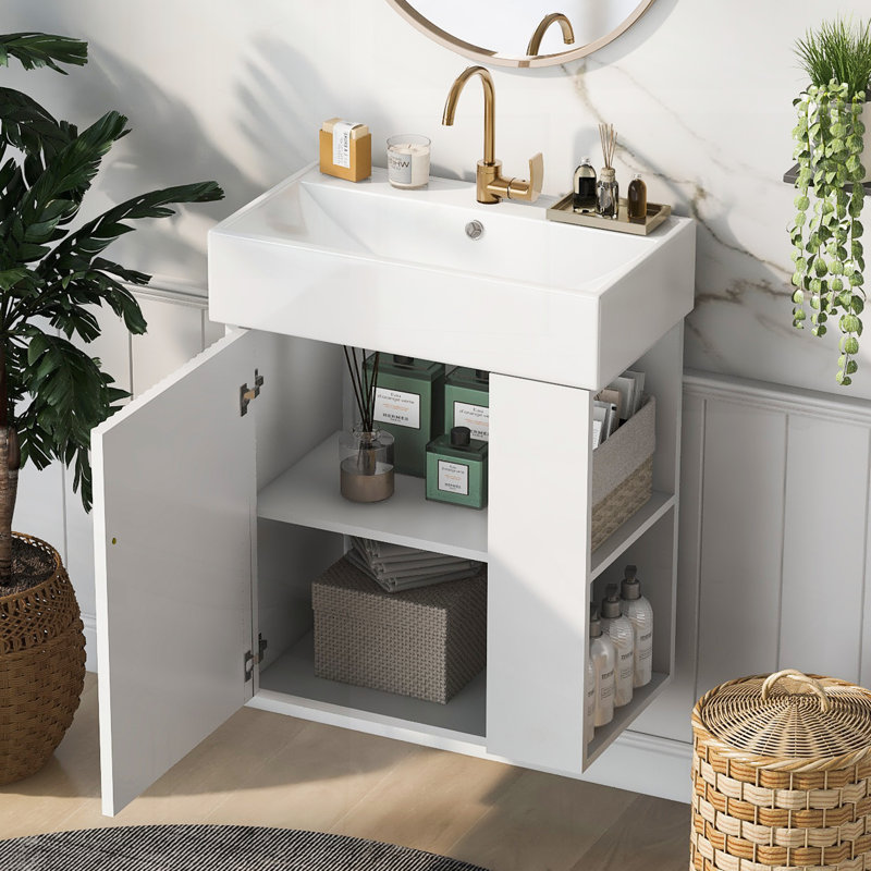 Meuble-lavabo flottant moderne de 21,6 po avec lavabo en céramique et rangement à droite pour les petites salles de bain