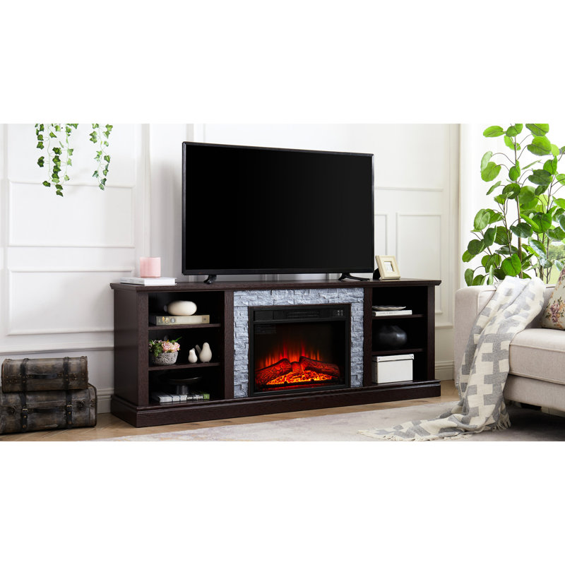 Meuble télé avec bordure en faux pierre et foyer de 23 po, cerisier, l 70,74 po x P 15,24 po x H 26,41 po, convient au grand foyer de table télé de 75 po