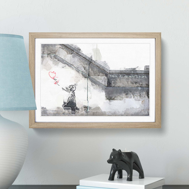 Girl with a Red Balloon by Banksy - Picture Frame Graphic Art Print on MDF, Oak Framed, 62cm H x 87cm W x 2cm D