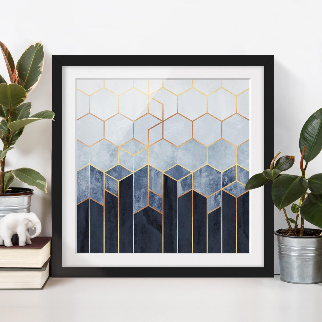 Gerahmtes Poster Golden Hexagons Blue White