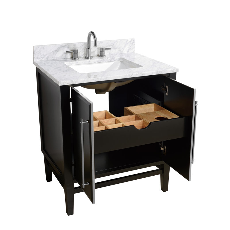 Ewen 30" Single Bathroom Vanity with Carrara Marble Top, Brushed Silver, Black, Carrara White