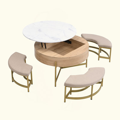 Modern Round Lift-Top Coffee Table With Storage & 3 Ottoman