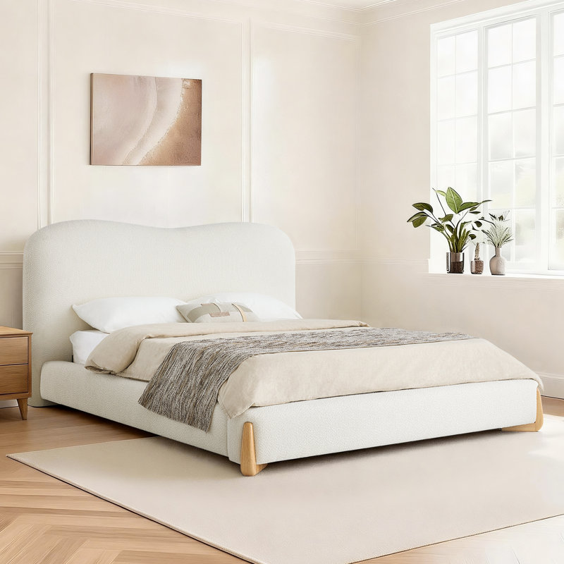  Woodcroft Modern Arch Boucle Upholstered Platform Bed With Rubberwood Legs, Full