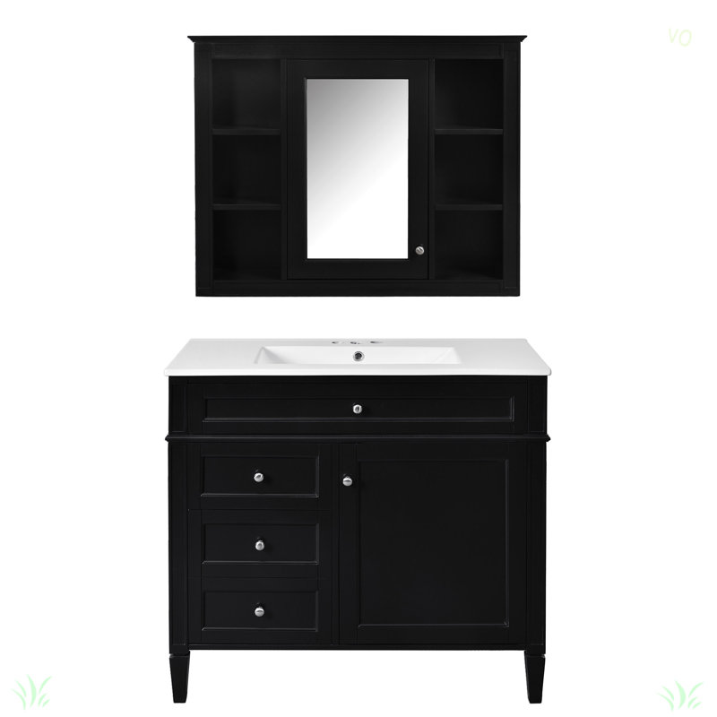Meuble-lavabo avec armoire à pharmacie, armoire de rangement moderne avec 2 portes à fermeture douce et 4 tiroirs, meuble-lavabo simple