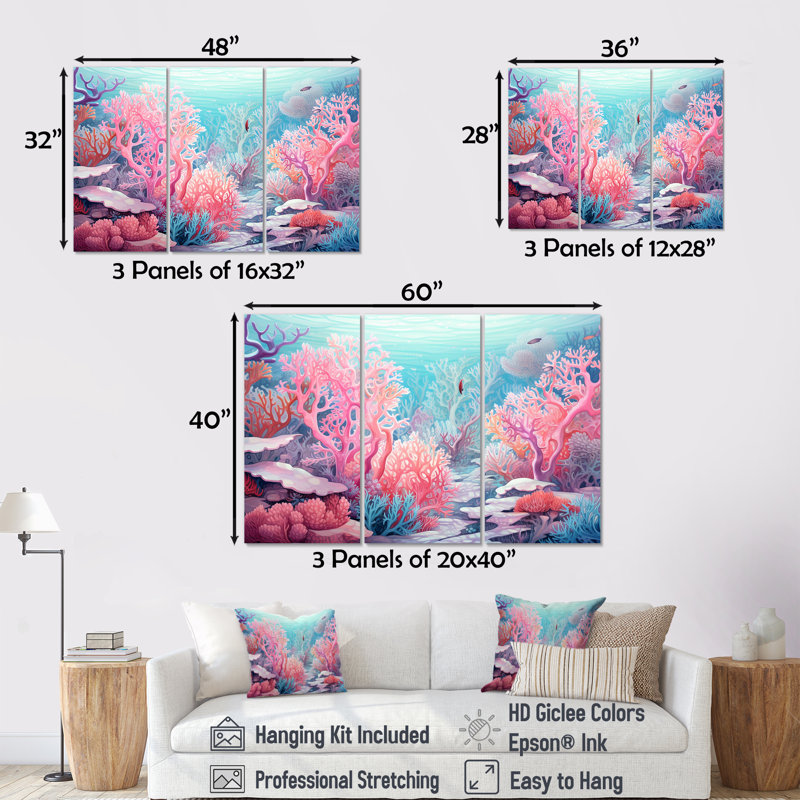Corail, gorgonacées, monde marin, ensemble de toiles de corail sous l'eau, Toile tendue, H 40 po x l 60 po x P 1 po