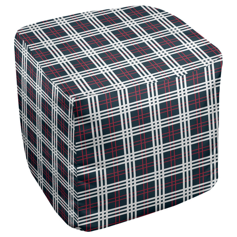 Repose-pieds pouf carré à carreaux Minnesota, Mélange de polyester bleu acier foncé / rouge ba, H 18 po x l 18 po x P 18 po