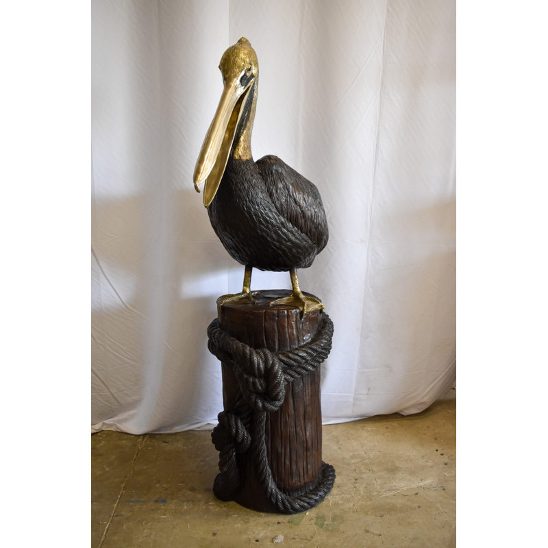 Hand Crafted Outdoor Pelican on Tree Stump Bronze Statue Fountain 43" x 24" x 76"H