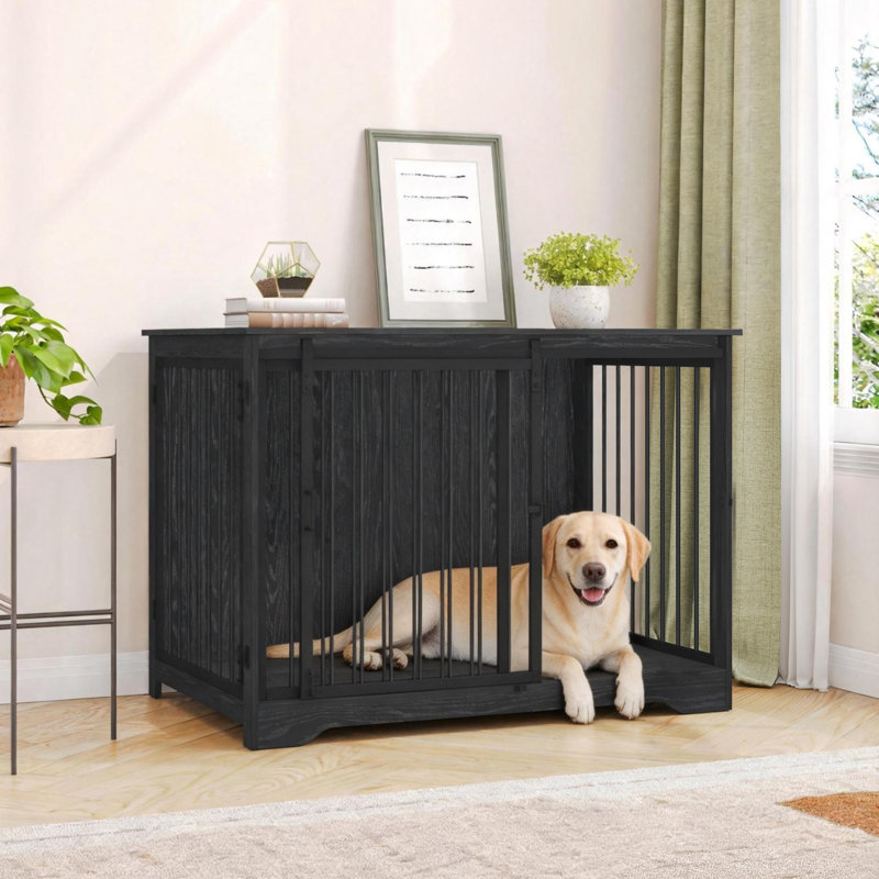 Dawyne Metal Sliding Barn Door Dog Crate, Black, 31.8" H x 43.3" W x 27.5" D