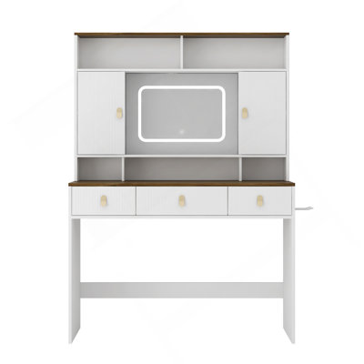 Farmhouse Dressing Table Makeup Table, 43" Wide Dressing Table With Lighted Mirror And Makeup Drawer, Large Modern Dressing Table Set With Hair Dryer Holder For Bedroom, White