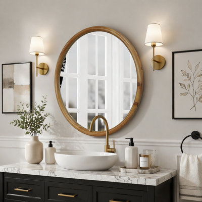Miroir rond rond à cadre en bois, miroir circulaire en bois naturel de 35,43 pouces pour décoration intérieure moderne et rustique