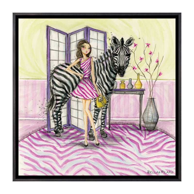 Zoe et zèbre art, H 18 po x l 18 po x P 1,5 po, Toile avec cadre noir patiné
