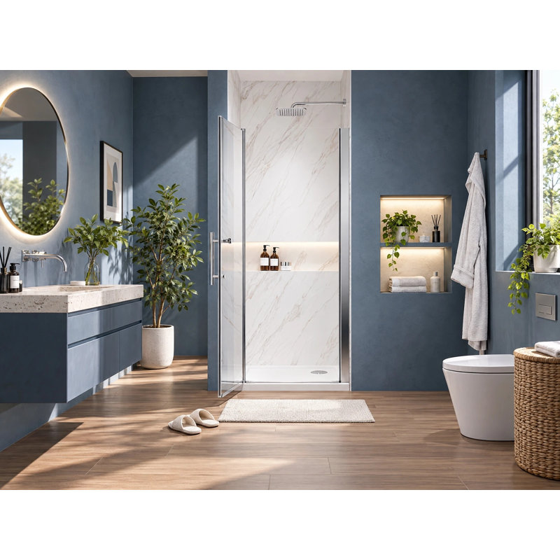 Porte de douche pivotante sans cadre de 71 à 74 cm de largeur x 183 cm de hauteur, en verre certifié SGCC., Chrome