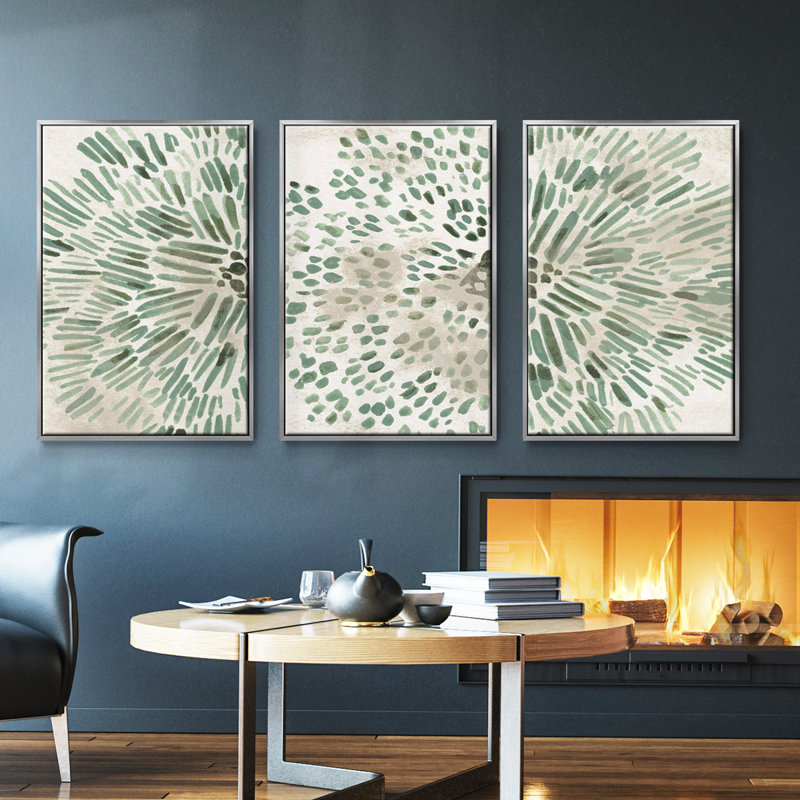 «Green Flowerhead I», ensemble de 3 pièces encadrées sur toile, Encadrement argenté, H 40 po x l 78 po