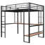 Lit mezzanine double en métal avec bureau long et tablettes, noir