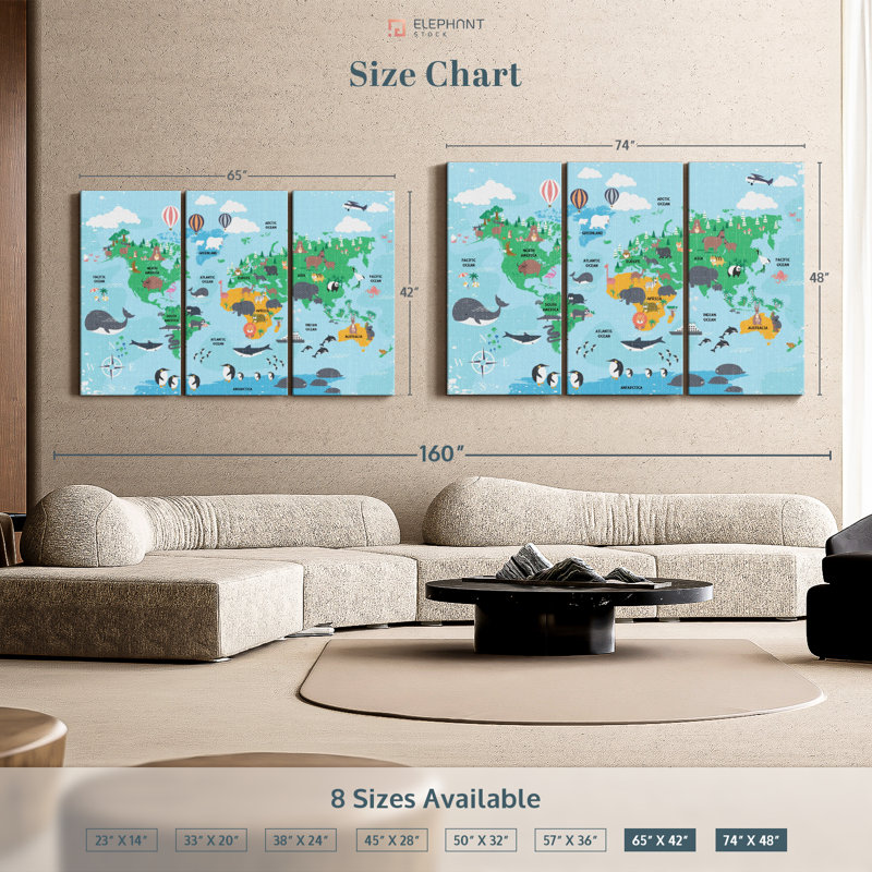 "Carte du monde pour enfants" sur toile, H 48 po x l 74 po x P 1,25 po