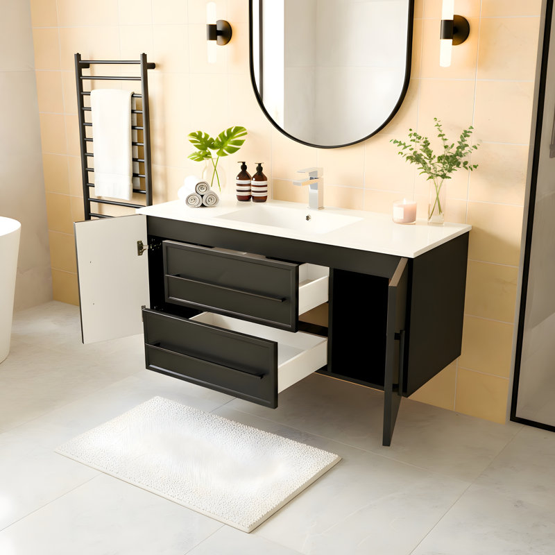 Ensemble de meuble-lavabo mural simple 48 po avec plateau en marbre Milano, Noir