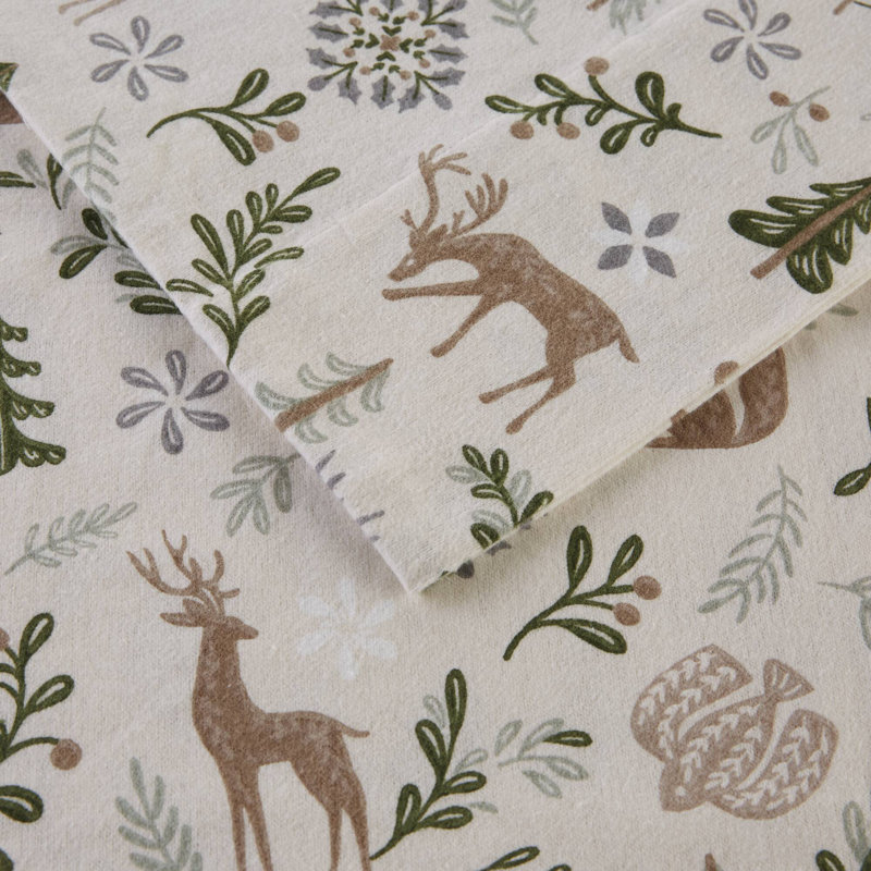Cozy Flannel 100% Cotton Sheet Set, Tan Woodland Winter Animal, Queen Sheet Set with 2 Pillowcases