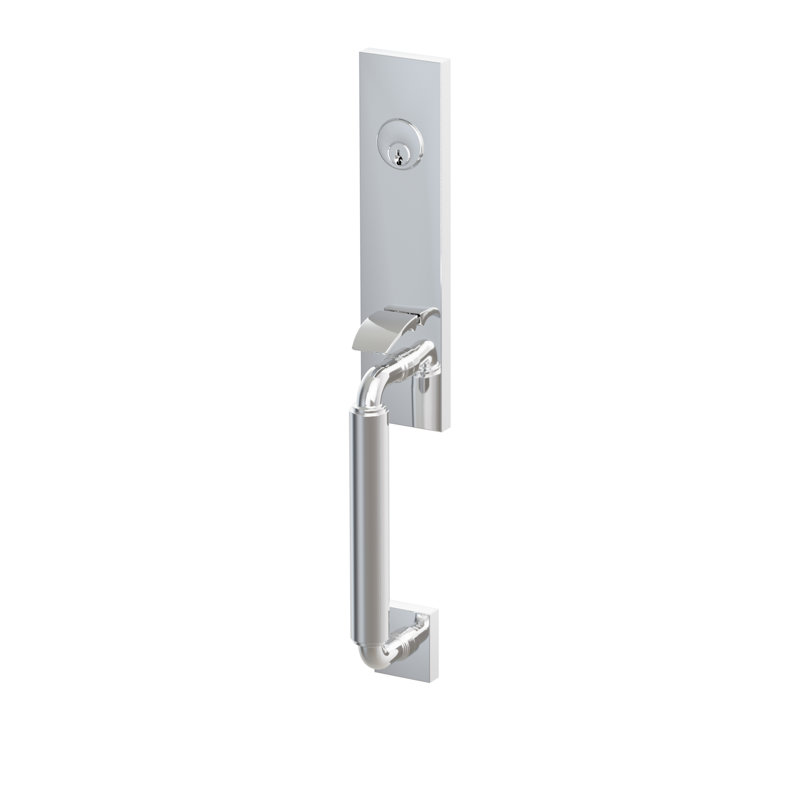 Ensemble d'entrée de gamme Emtek SELECT, F13, monobloc à mortaise, déport de 63,5 mm (2-1/2"), tige extérieure en forme de R, poignée lisse ; levier intérieur Hermes, chrome poli, pour gaucher