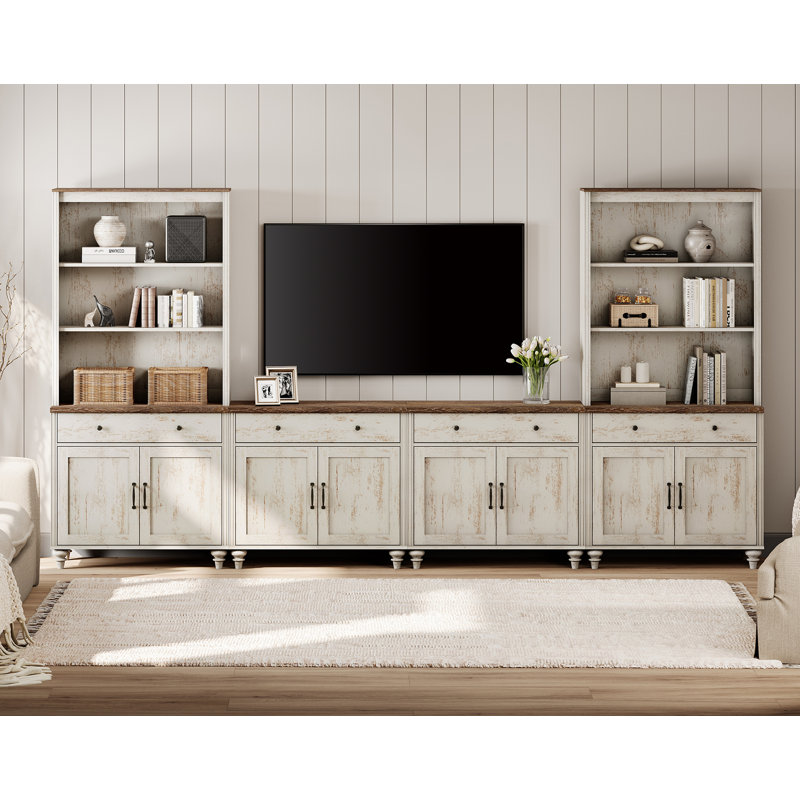 Locklin Farmhouse TV Stand With Bookshelves For, Modern Entertainment Center With Storage Cabinet, TV Console For Living Room, Bedroom