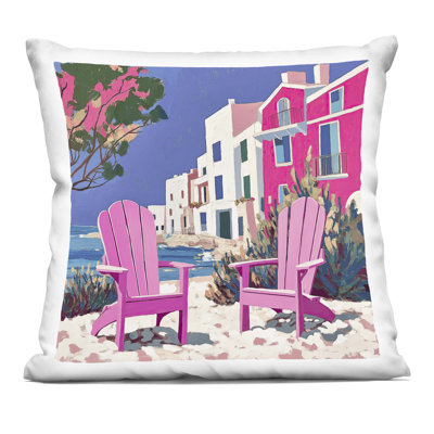 Beach Chair Meetup in Pink Decorative Printed Throw Pillow design by Annabelle Hall