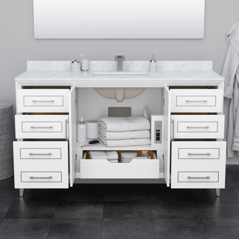 Marlena 60-Inch White Vanity with Cultured Marble Top and Satin Bronze Hardware