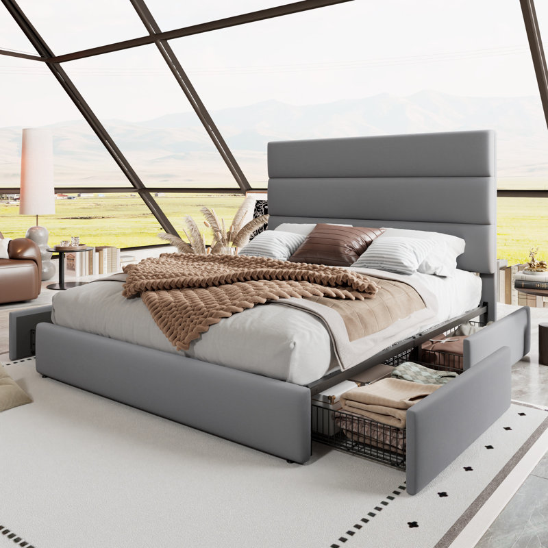 Lit plateforme avec rangement en lattes de bois et tête de lit tapissier en velours, Grey, Grand